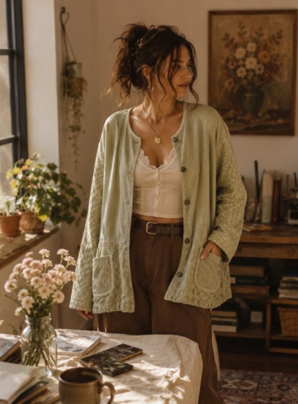 Hot Cotton by Marc Ware Sage Green Textured Cotton Cardigan Jacket | XL